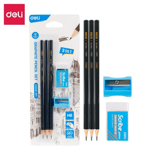 Graphite Pencil Set 3 HB Pencils 1 Sharpener 1 Eraser